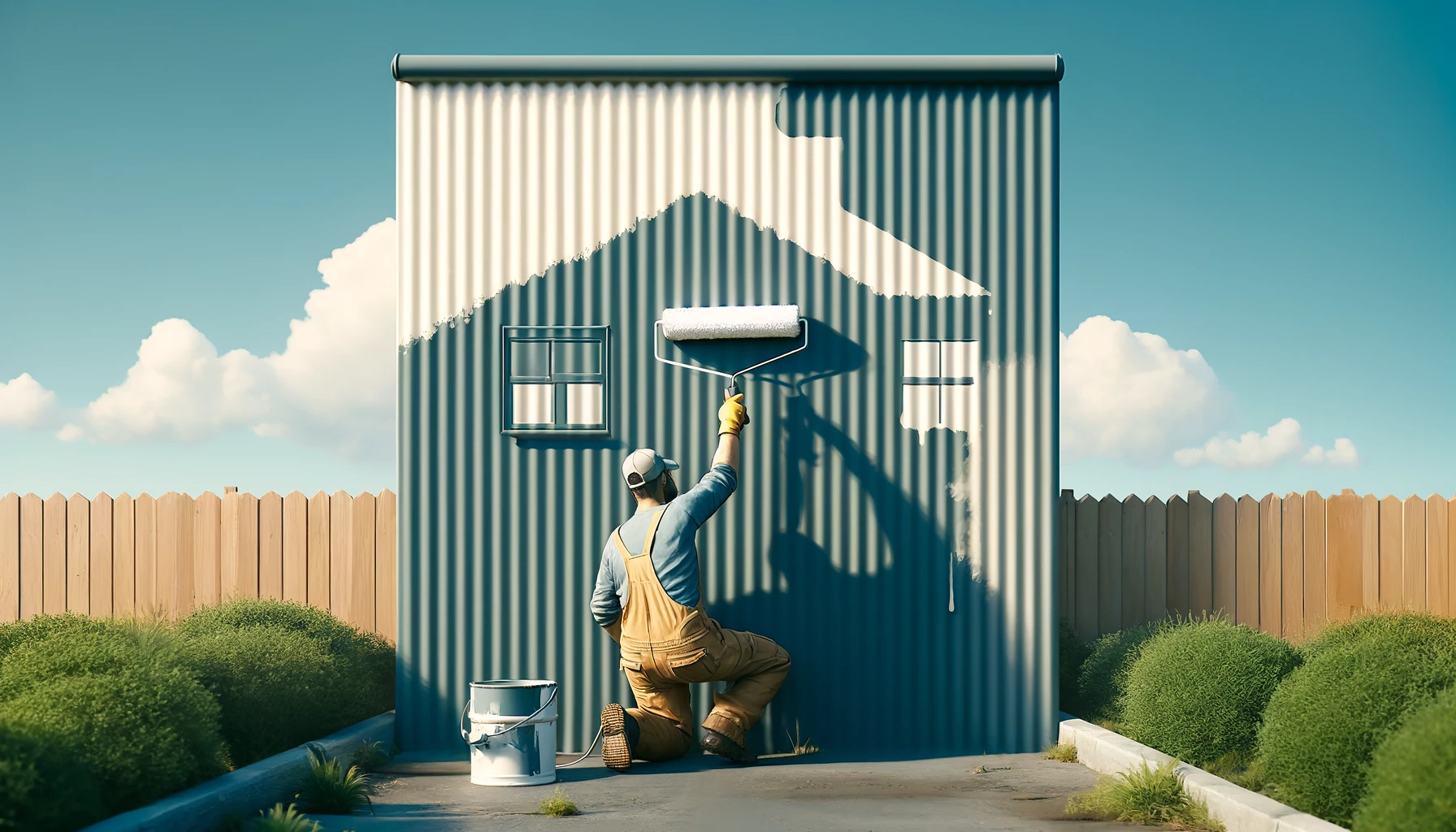 DALL·E 2024-04-16 18.53.47 – A horizontal image showing a person painting a corrugated metal wall of a house, symbolizing DIY home improvement. The person, wearing casual clothing