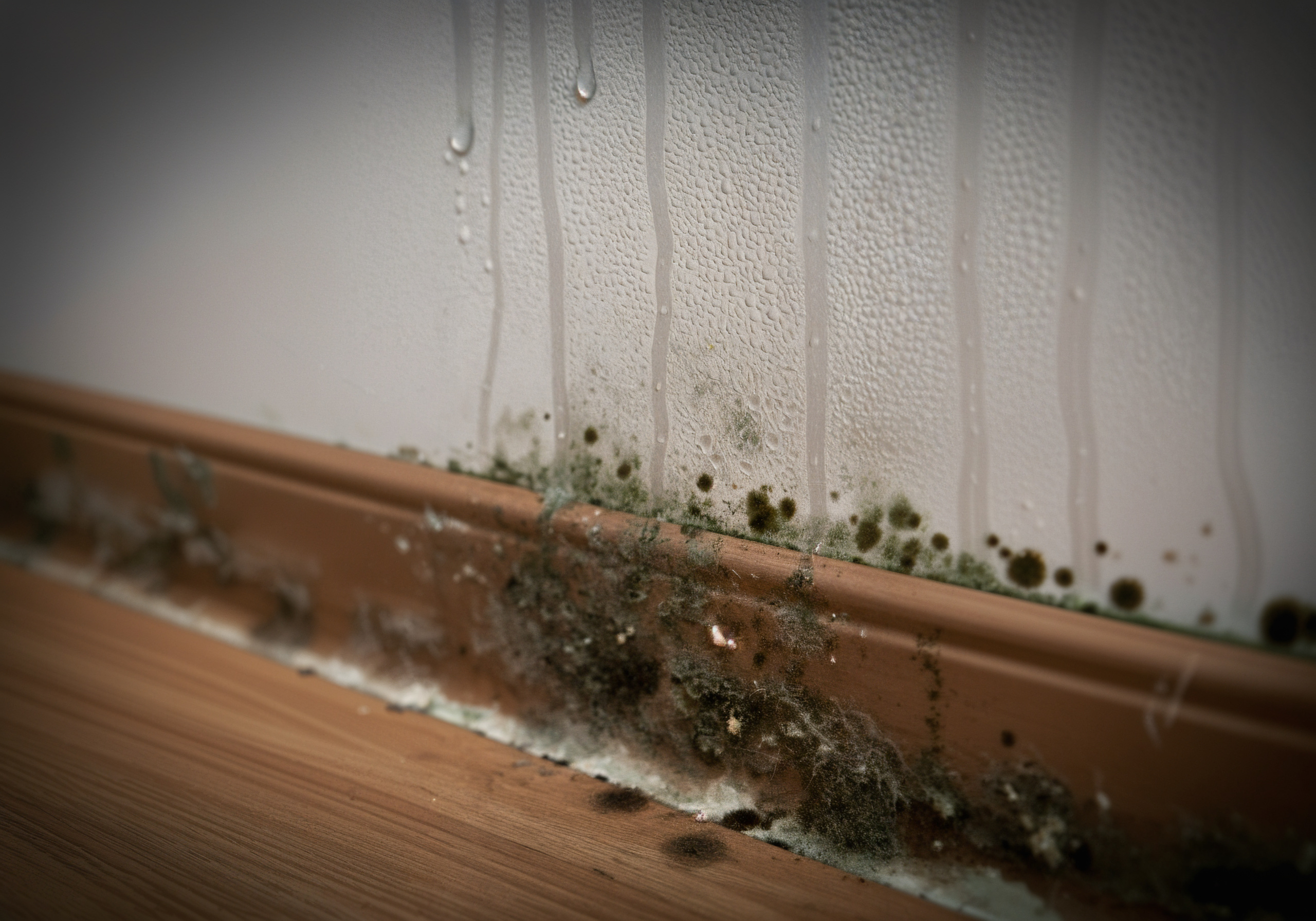 Black mold is growing on the baseboard of a damp room with water damage, posing health risks and requiring remediation