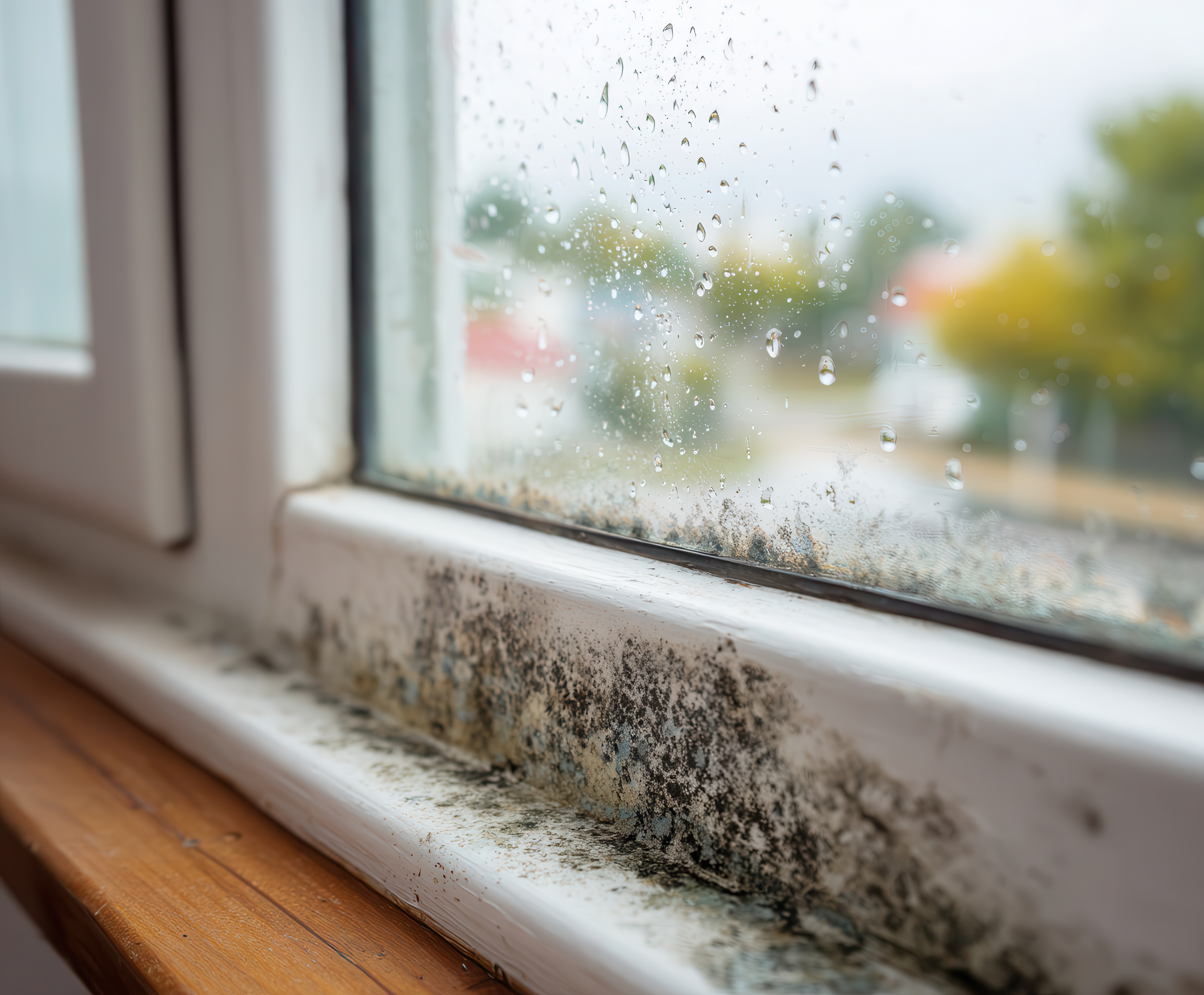 black mold growing in the corner of a white window frame