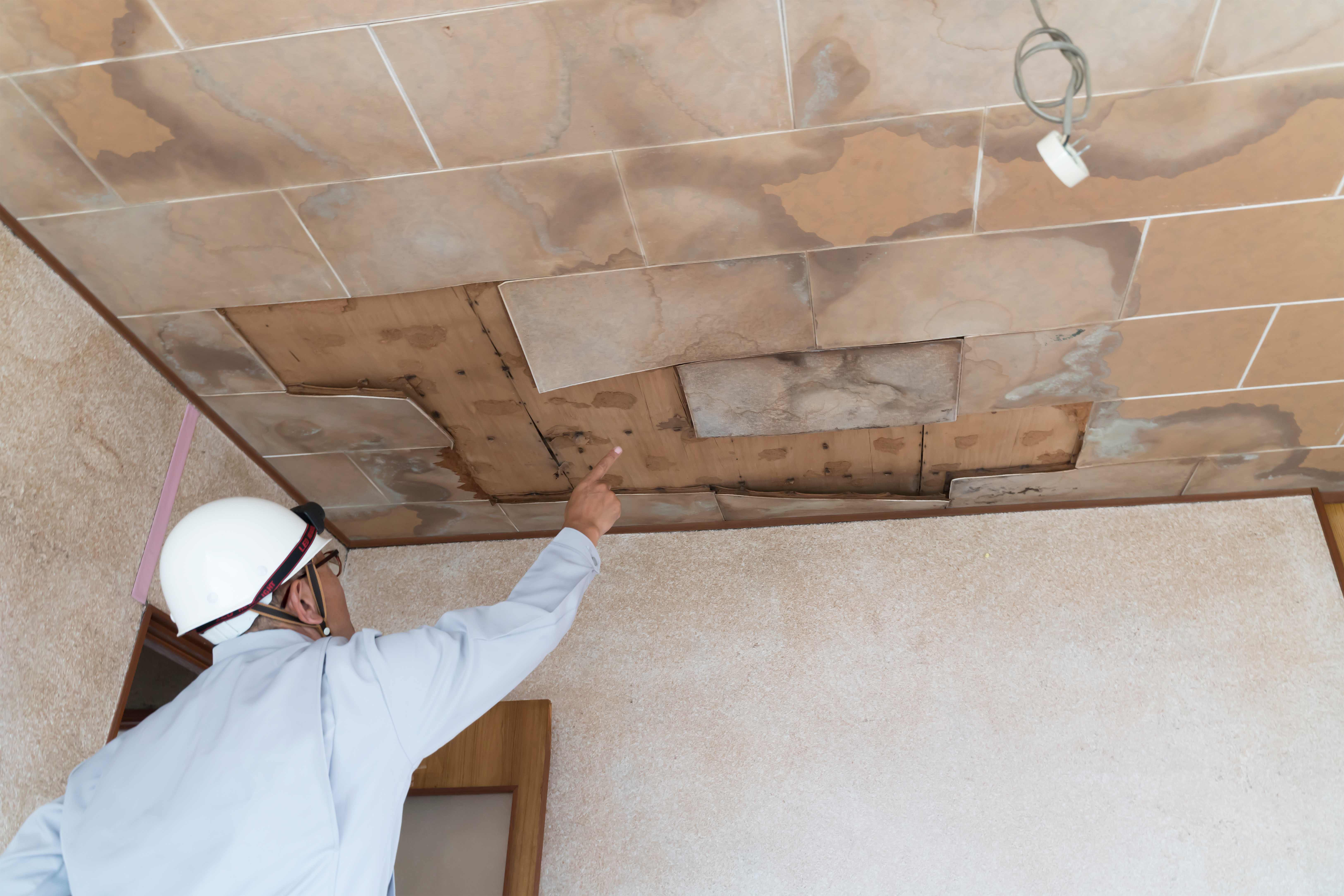 雨漏りした天井を調査するビジネスマン　住宅　リフォーム　解体前　